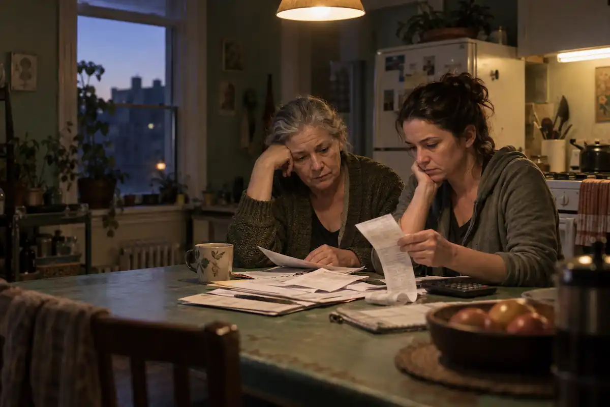 An older woman and an adult daughter review bills at a kitchen table.