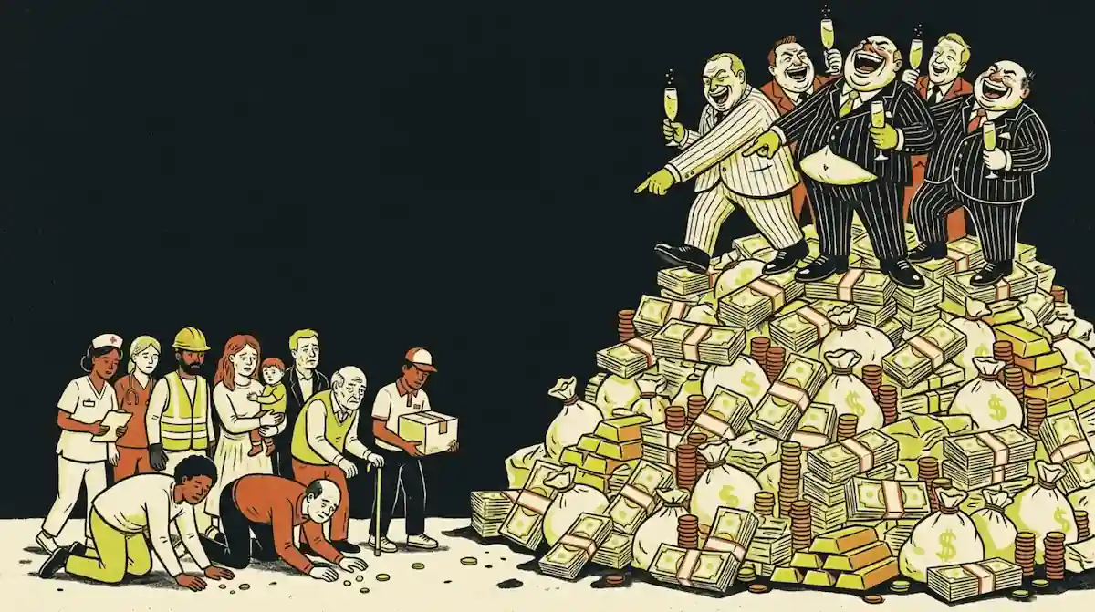 Cartoon: a group of billionaires in suits stand atop an enormous mountain of cash, laughing and pointing down at ordinary workers who are crouched on the ground gathering a few loose coins.