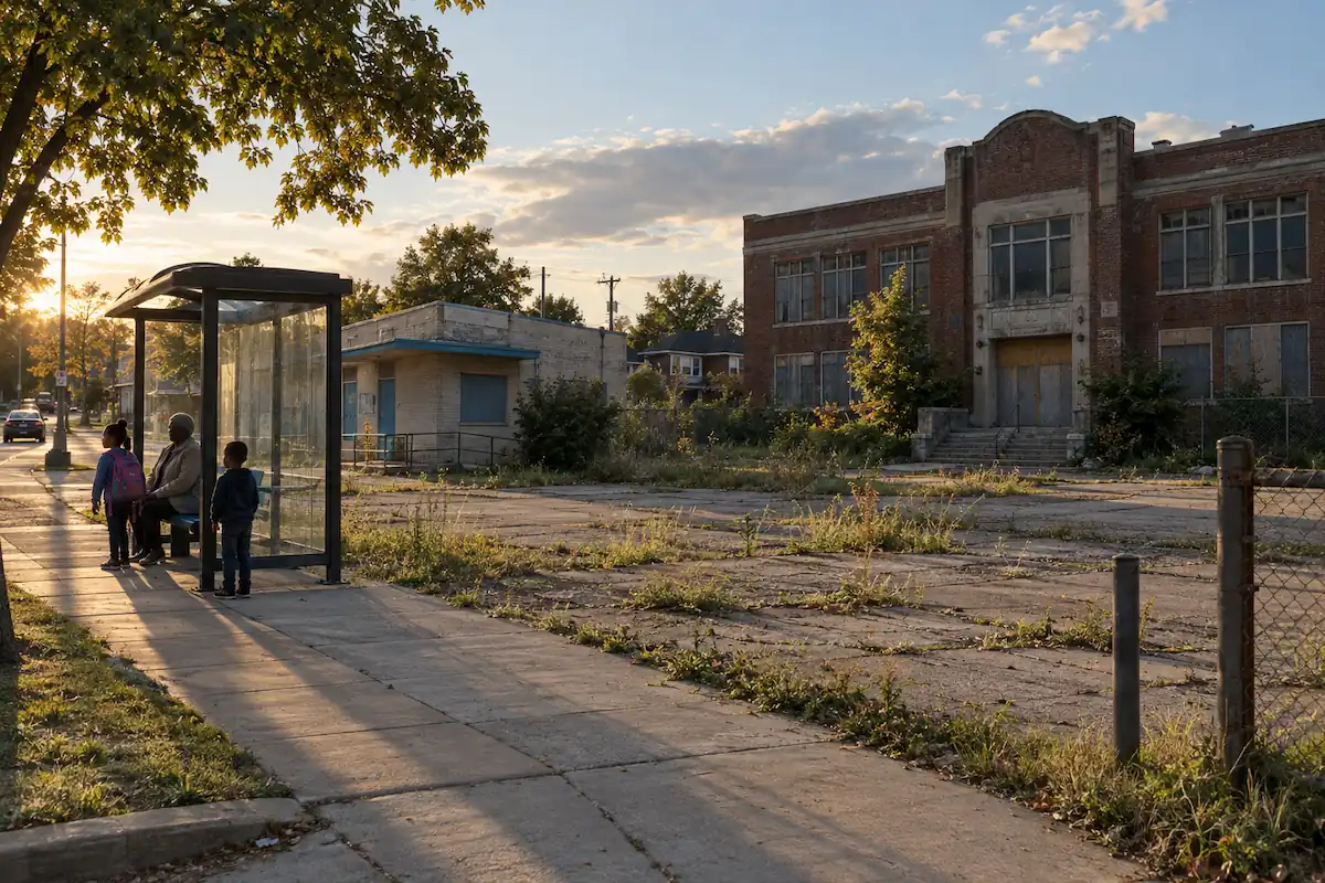 A family waits near a bus shelter beside a neglected public building and empty lot.
