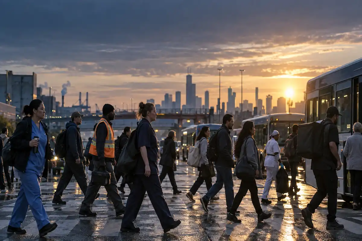 A diverse group of workers crosses a city street at dawn toward buses.